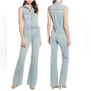 Current Elliott Zenith Washed Blue DenimWide Flare Sleeveless Belted Jumpsuit-M